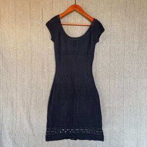 Vintage Banana Republic Navy Blue Crochet Knit Cap Sleeve Sheath Midi Dress XL